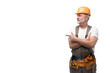 © opolja - portrait of mature happy handyman presenting something isolated on transparent background