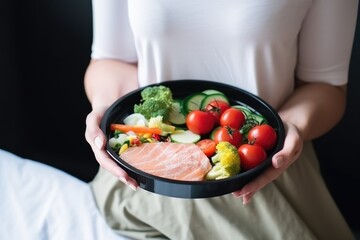 Wall Mural - Girl holds a plate with healthy food