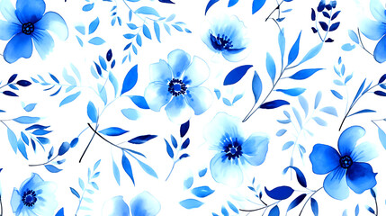  seamless blue floral water color pattern on white background