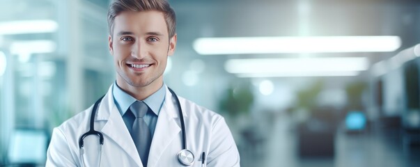 Wall Mural - Portrait of handsome men doctor working in modern hospital, banner panorama. Generative Ai.