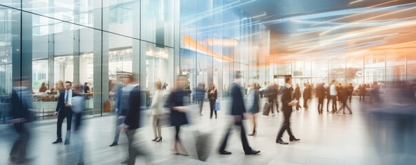 Wall Mural - Long exposure view of fast movement of people in interior of society hospital, panorama.  Generative Ai.