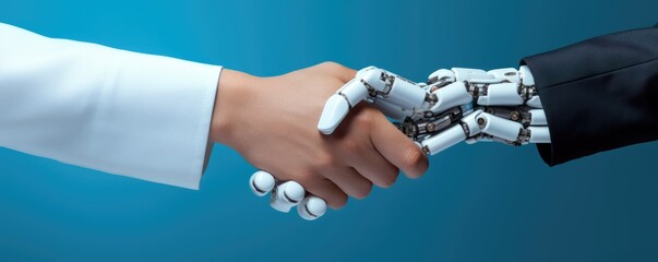 Wall Mural - businessperson human hand and robot are shaking hands meeting banner panorama generative ai