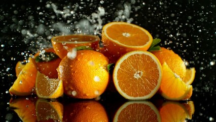 Aufkleber - Super Slow Motion of Orange Pile with Splashing Water. Filmed on High Speed Cinema Camera, 1000 fps in Motion. Isolated on Black Background.