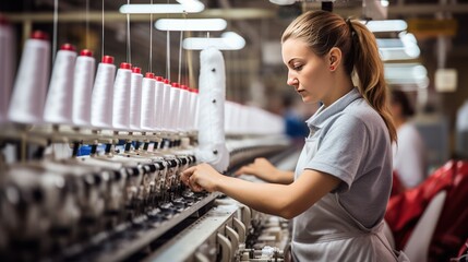 Wall Mural - Photo of a young Caucasian woman working on a fabric production line. It configures the operation of the conveyor. Labor automation in light industry as the key to business success.