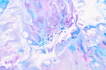 Wall Mural - Exclusive beautiful pattern, abstract fluid art background. Flow of blending purple lilac blue paints mixing together. Blots and streaks of ink texture for print and design.