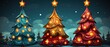 Three cartoon Christmas trees and the night sky. With Christmas lights and a stars on top. Christmas card. 