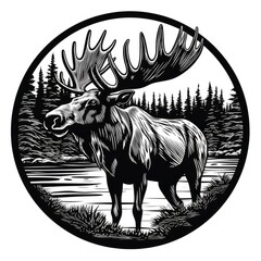 Wall Mural - Moose logo, black and white, AI generated Image