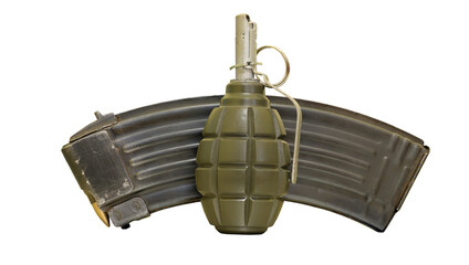 Wall Mural - fragmentation grenade f 1 and russian ak 47 mag isolated on transparent backgriund