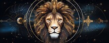 Zodiac Sign Of Leo Lion Head Fantasy Lights Dark, Panorama Horoscope. Generative Ai.