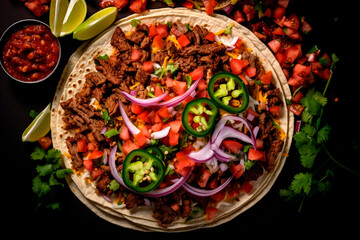 charcuterie platter of delicious taco with grilled hamburger, taco meat, onion, bell pepper, and pico de gallo. Top down view