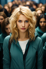 Poster - Woman with blonde hair and blue eyes stands in front of group of people.