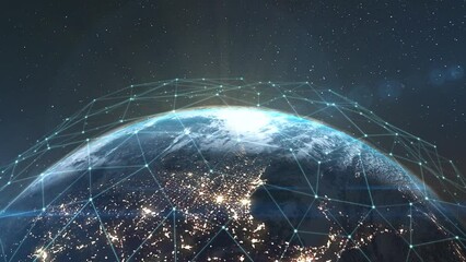 World Wide Web over planet Earth, forming a grid over America. Abstract concept of global network. Digital data network technology. Night planet with city lights. Big Data Cloud. 4k footage