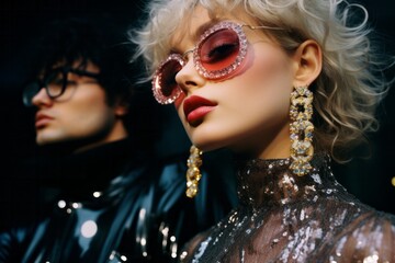 A glamorous woman wearing pink sunglasses and a man in a shiny dress celebrate in style, surrounded by luxury and fashion, as they party outdoors with their stunning outfits and bold lipstick