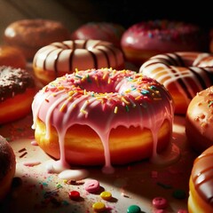 ai generated illustration of an array of bright and colorful doughnuts