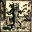 17th century woodcut picture of a anthromorphic fishman demon crbeing cruel to poor people 