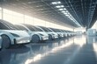 Futuristic electric cars parked in a warehouse. Logistic center promoting green energy. 3D rendering. Generative AI