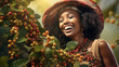 Close-up of the face of a beautiful african woman wearing hat among an organic coffee plant as she picks out the beans