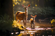 Deer with her baby fawn in the wild, wild life photography, standing on water. Generative Ai