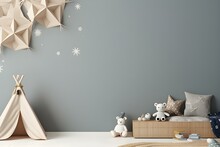 Wall Mock Up Background In Children Room Interior Decorated For New Year, 3d Render.