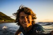 Lifestyle portrait photography of a relaxed boy in his 20s surfing in the sea. With generative AI technology