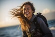 Lifestyle portrait photography of an exhausted girl in her 20s practicing kitesurfing in the sea. With generative AI technology