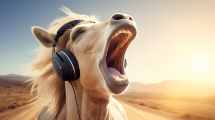 Wall Mural - A horse listening to music with headphones, enjoying it very much, Generative AI