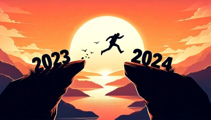 Silhouette of person making a brave jump from year  2023 to 2024. New year concept