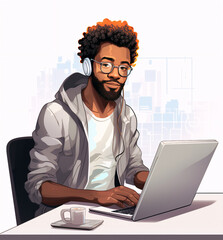 Black man with a beard and glasses and headphones working with computer laptop at a desk. Software developer, programmer or system administrator with PC. Technical specialist at workplace. Cartoon 
