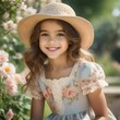 A picture of a very cute and dainty girl smiling brightly. A picture of a child dressed up in flowers, a garden, a flower-patterned dress and a wide hat. Generative AI.