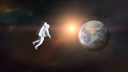 Wall Mural - cosmonaut in outer space on earth background with sunlight. elements of this image furnished by nasa
