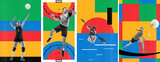 Set of different people doing different kind of sport. Volleyball, handball, rowing, badminton. Creative art collage. Concept of professional sport, competition and match, dynamics. Poster, ad