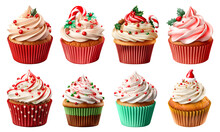 Set Cupcake Christmas Muffin Gingerbread With Various#04 On Transparent Background Cutout, PNG File. For Product Presentation. Banner, Poster, Card, T Shirt, Sticker