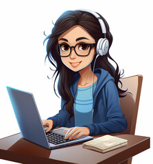 Asian or caucasian woman in glasses and headphones working with computer laptop at a desk. Software developer, programmer or system administrator with PC. Technical specialist at workplace. Cartoon