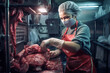 © arhendrix - Woman working in a butchery, wearing protective clothes and gloves, putting minced meat into a meat grinder