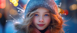 Fototapeta Sport - a young girl looking towards light in winter snow