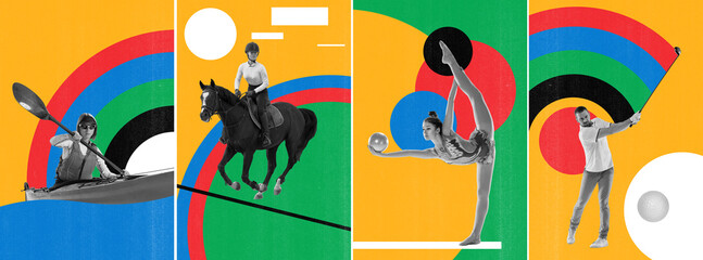 Set of different people doing different kind of sports over multicolored background. Creative art collage. Concept of professional sport, competition and match, dynamics. Poster, ad