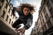 Sports portrait photography of an active mature woman doing parkour in the city. With generative AI technology