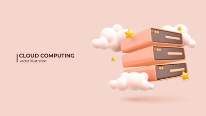 Wall Mural - 3d cloud storage. realistic 3d design of futuristic server with clouds and stars. a digital service 
