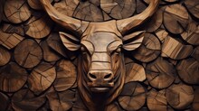 Wood Bull. Animal Faces Made Of Wood. Wild, Brutal Nature.