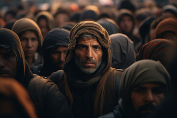 Emigration, migrants social problem. Portrait of older poor man of Eastern nationality in crowd of refugees looking at camera