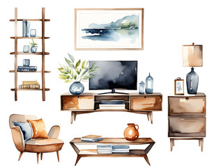 modern furniture set on white background. Living room interior watercolor illustration