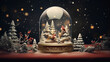 Birds sitting in a glass dome Merry Christmas background. Holiday season, birdhouse, pine trees, night, toy, miniature, Generative AI.