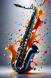 Musikinstrument Saxophon mit Farbspritzexplosion oder Farbpartikel-Splash zum World Day of Music und Weltmusiktag