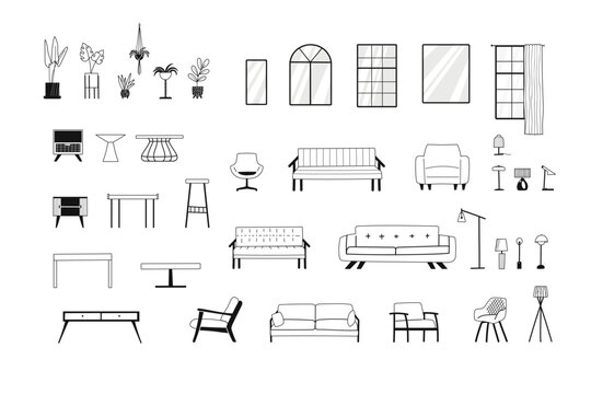 furniture outline set of couches, armchairs, tables, drawers, lamps, windows, flowerpots for constru