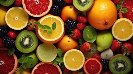 Wall Mural - top view of fresh exotic fruit assortment