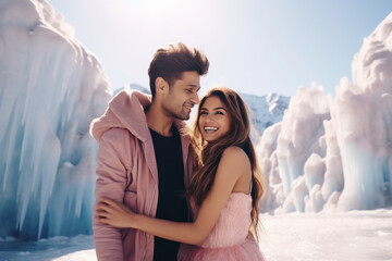 Young couple giving romantic pose on cold mountain.