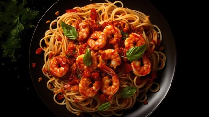 Leinwandbilder - Top view of spicy shrimp spaghetti in tomato sauce on a plate