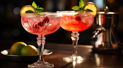 Poster - Two gin sorbet cocktails on a silver table Refreshing alcoholic drinks Focused on glasses