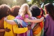 group of people from different races, dressed in vibrant clothes, hugging each other from behind on a sunny day, symbolizing the concept of support, help, and youth community.