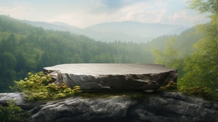 Poster - Stone podium on rock platform 3D illustration gray pedestal for display forest and blurred horizon natural landscape soft light